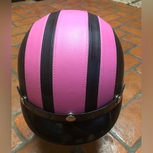 Pink & Black Leather Half Head Scooter Helmet
